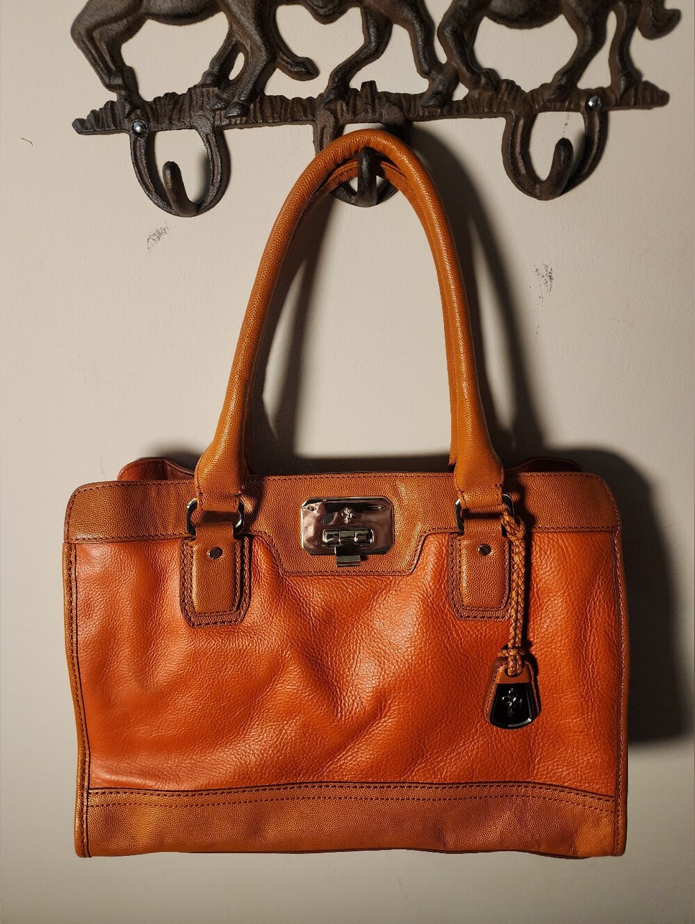 Cole Haan Burnt Orange Textured Leather Kendra Valise Tote Purse Caramel Trim - Picture 3 of 9